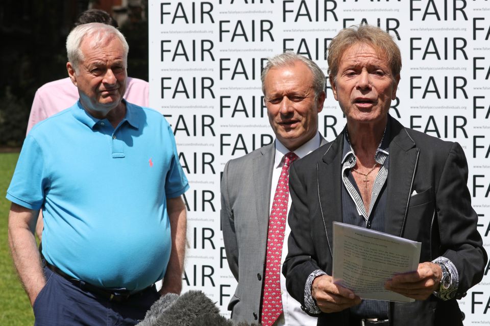  Paul Gambaccini, Daniel Janner and Sir Cliff Richard in Westminster launching a campaign for a ban on naming sexual crime suspects unless they are charged