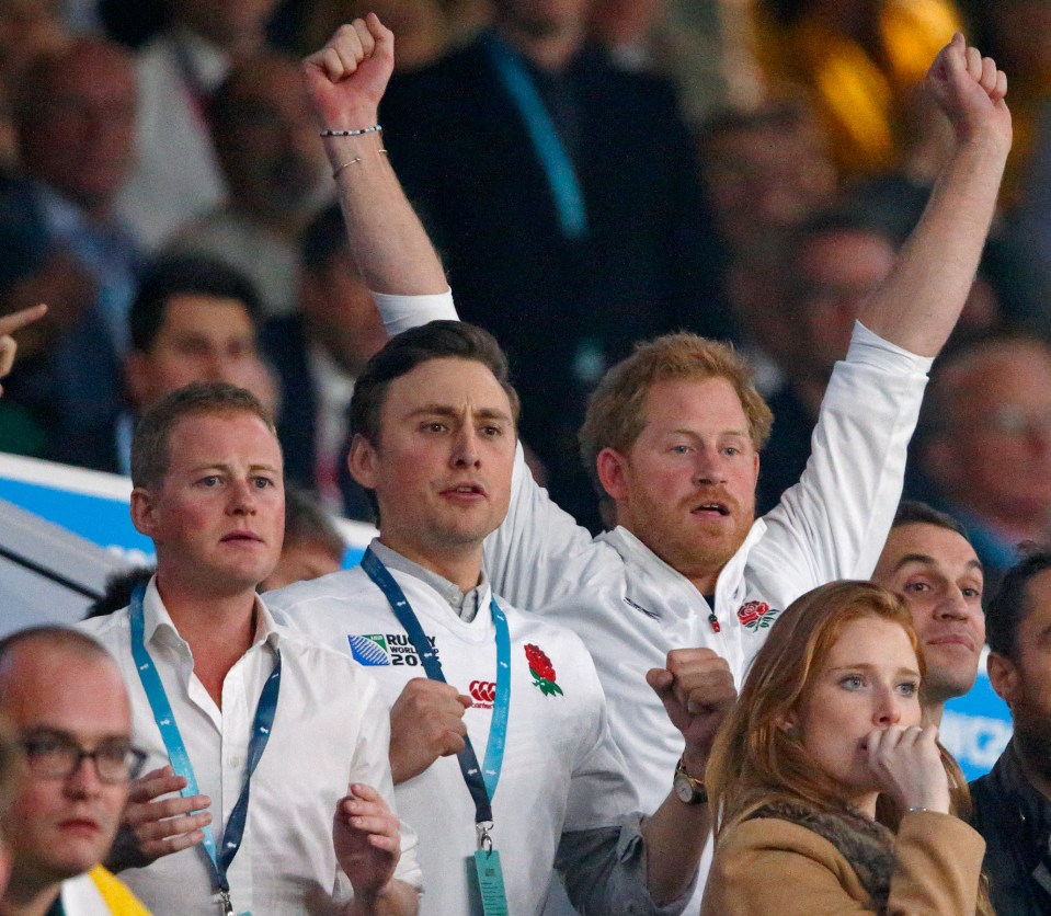 Charlie van Straubenzee and Prince Harry attend the England v Australia match during the Rugby World Cup 2015