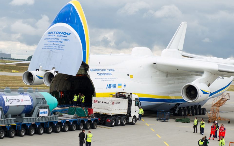  The massive Antonov An-225 Mriya with its nose up - to allow easier cargo loading at airports