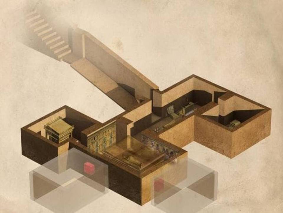  This computer illustration shows the layout of King Tut's tomb. Suspected hidden chambers that may contain other members of his family are shown as faded boxes