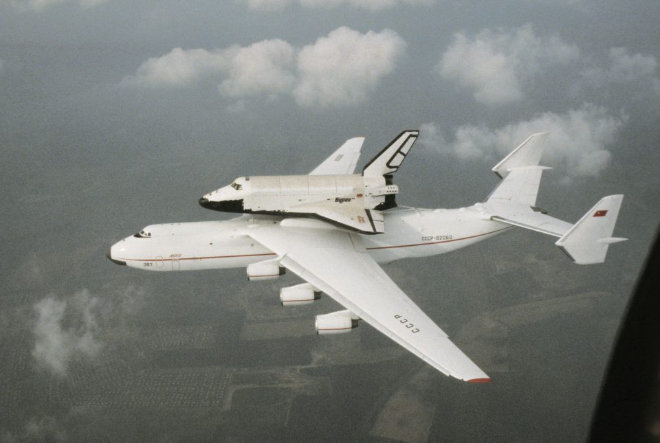  The Antonov-225 Mriya super-heavy transport aircraft conducting its first flight carrying the soviet space shuttle - back in 1988