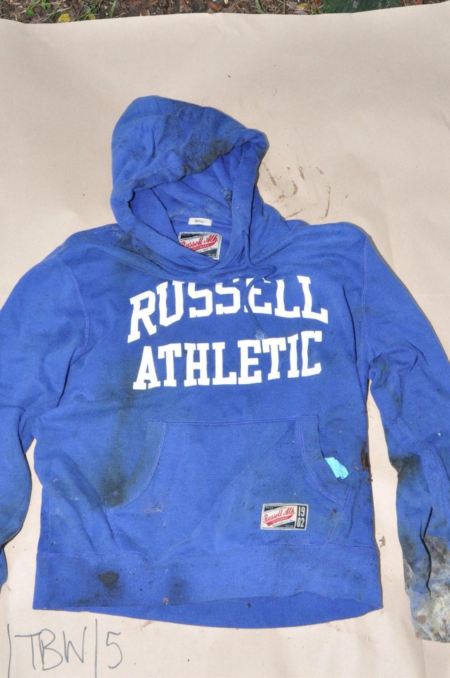  This blood-stained Russell Athletic royal blue hoodie was found to contain DNA from both Lucy and Stephen Nicholson