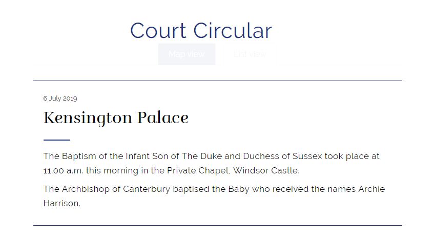 Archie Harrison makes his first appearance in the Court Circular