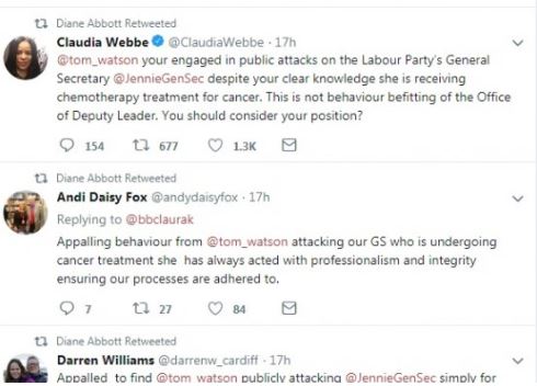  Ms Abbott retweeted Claudia Webbe's calls for Watson to consider his position