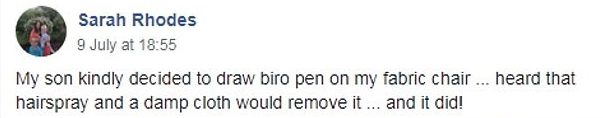 Ms Rhodes explained she tried out the cleaning trick after her son scribbled the pen on her chair