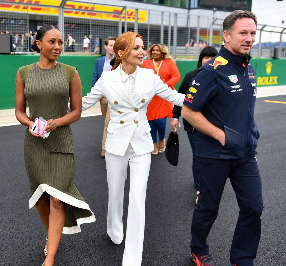 Geri wore a white Balmain blazer, matching shirt and trousers at Silverstone last week with Mel B and husband Christian Horner