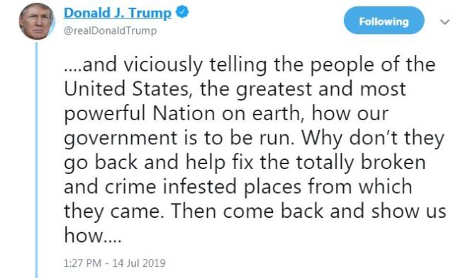 One of a series of tweets Donald Trump sent concerning Ilhan Omar and three others