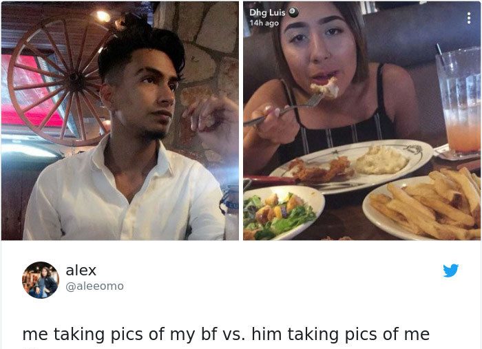  Twitter user @aleeomo compared the photos she takes of her boyfriend to the ones he takes of her