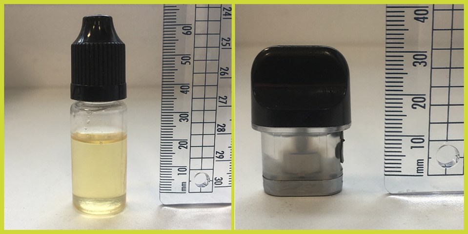  Vaping liquid which has been sold in a 10ml bottle (left) and in a cartridge that fits a vape pen which contains the designer drug Spice