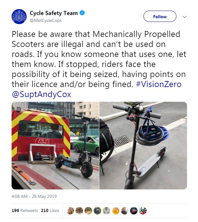  London's Met Police was trolled after reminding people that electric scooters were illegal