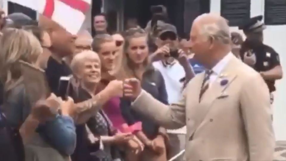  Prince Charles broke royal protocol and fist bumped with a well-wisher yesterday in Cornwall