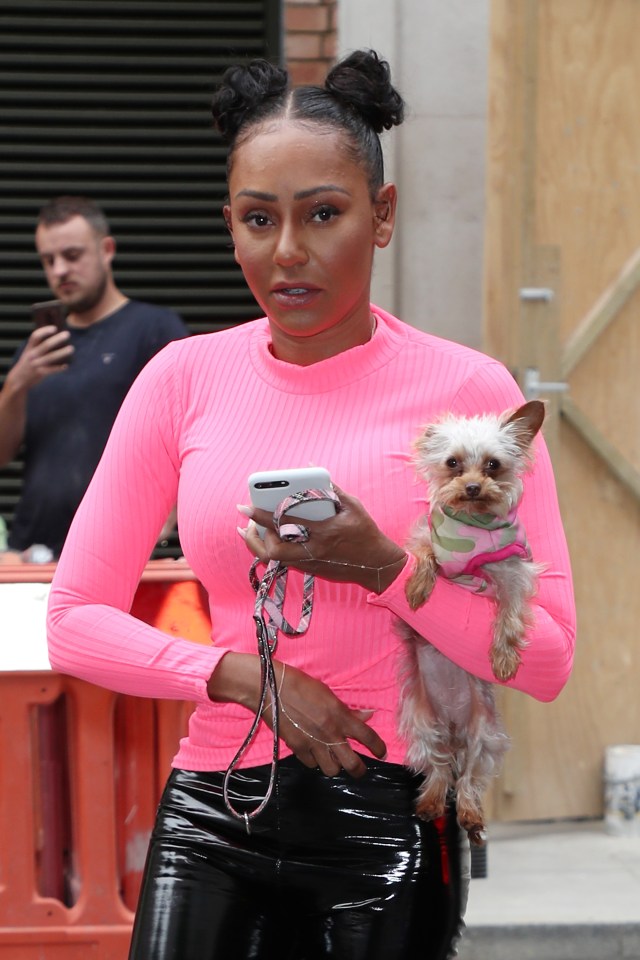  Mel B looks shows off her latest fetching look in black PVC trousers and a pink top