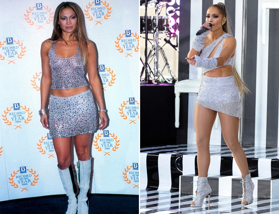 20 years ago Jenny from the block debuted her rhinestone mini at Record of the Year and in May this year she rocked the look again on the Today show