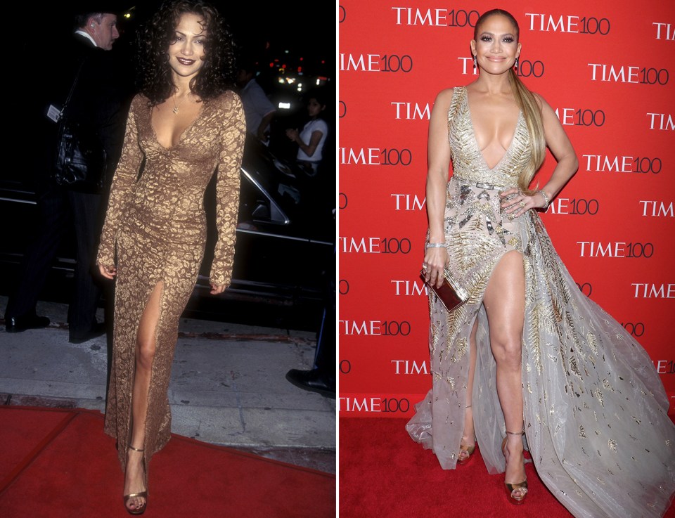 With her figure remaining in tact over the past 30 years J Lo has continued to pour her curves into tight-fitting ensembles such as the iconic gold number worn to a movie premiere in 1997 and then a similar piece on the red carpet of Time100 last year