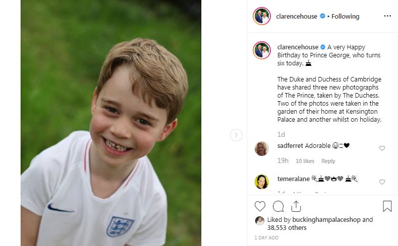  The official Clarence House Instagram account marked Prince George's birthday by sharing the three new portraits