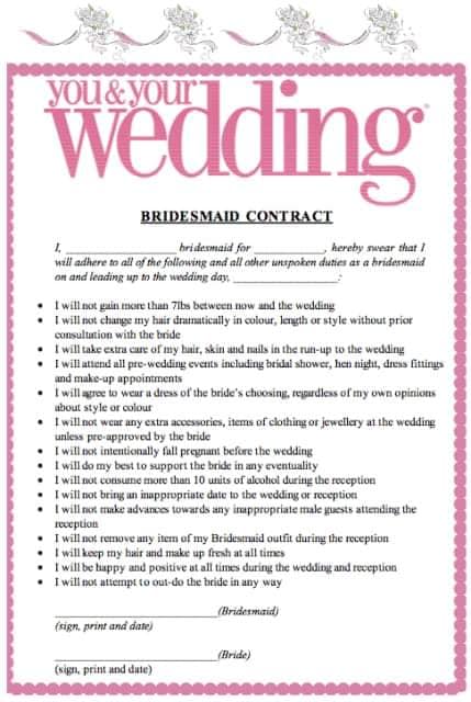  One woman has been slammed for asking her bridesmaids to sign contracts ahead of her nuptials