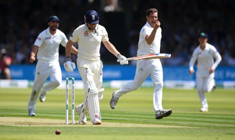 Jonny Bairstow is bowled for a duck by Tim Murtagh as Ireland send England spiralling to an embarrassing collapse