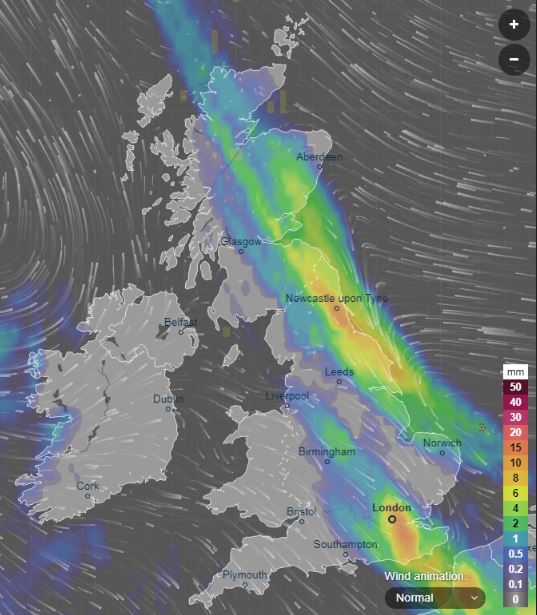  This weather chart shows heavy rain blanketing the country tomorrow