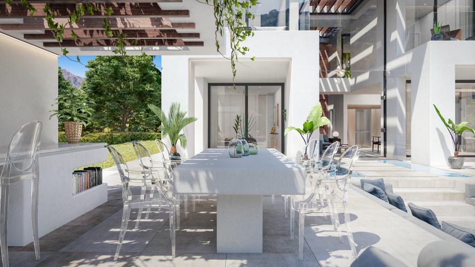 A veranda provides much-needed shade for outdoors dining under the Spanish sun 