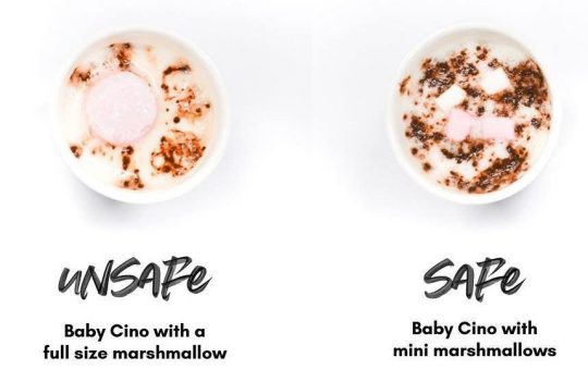  Tiny Hearts Education shared this picture on Facebook showing an 'unsafe' babycino and a 'safe' version