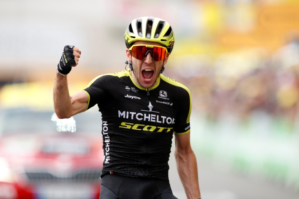  Simon Yates celebrates winning stage 12 of the Tour de France in Bagneres-de-Bigorre