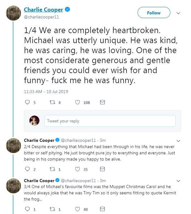  Charlie posted a series of tweets about his friend and said he was 'heartbroken' by his death