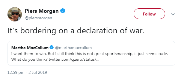  Piers tweeted the mime was a 'declaration of war' after the loss