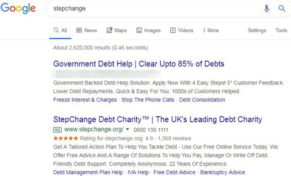  StepChange has had to pay for its own website to appear higher up in the search results