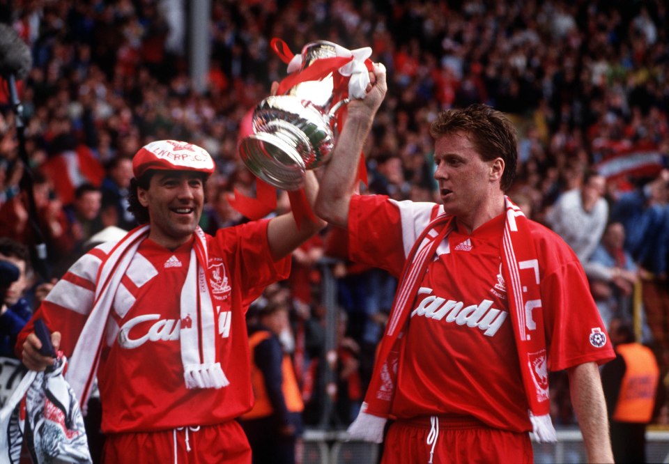  Saunders celebrates Liverpool's 1992 FA Cup win with Steve Nicol