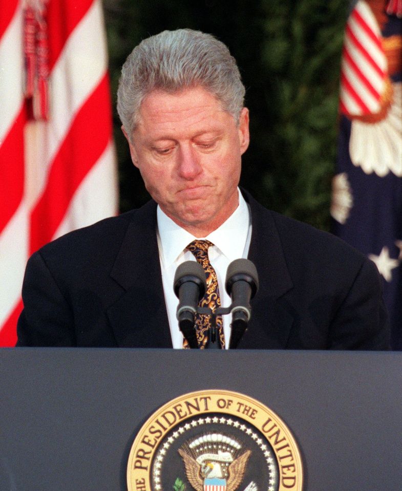  US President Bill Clinton apologises to the nation from the Rose Garden of the White House