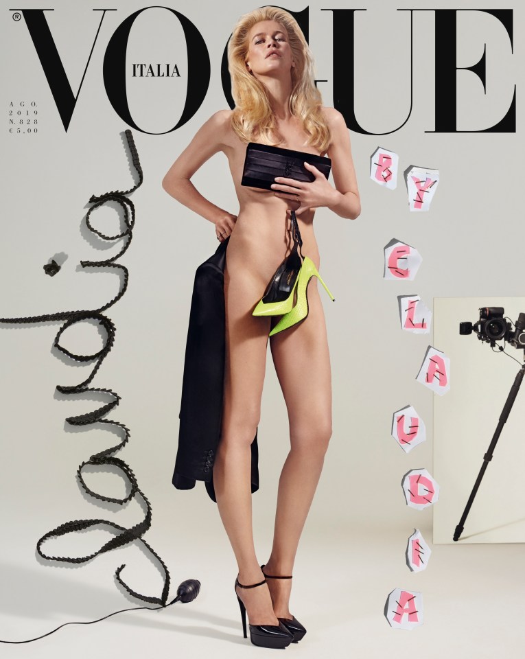  The German supermodel, 48, posed for Vogue Italia, with just a pair of Yves Saint Lauren shoes and a clutch bag for modesty