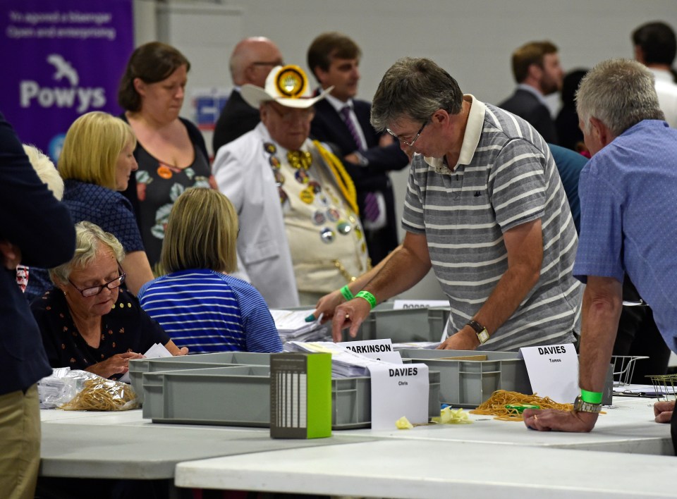 Votes being counted in the Brecon and Radnorshire by-election at the Royal Welsh Showground, Llanelwedd