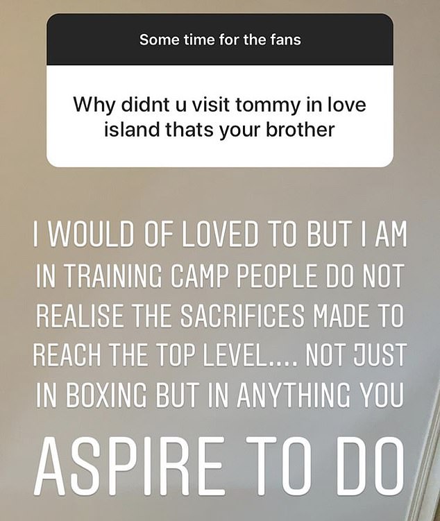  Fury has revealed he didn't see his brother at the Love Island villa as he was training