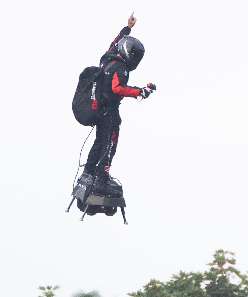  French inventor Franky Zapata gestures as he comes in to land at St Margaret's Bay near Dover after crossing the English Channel