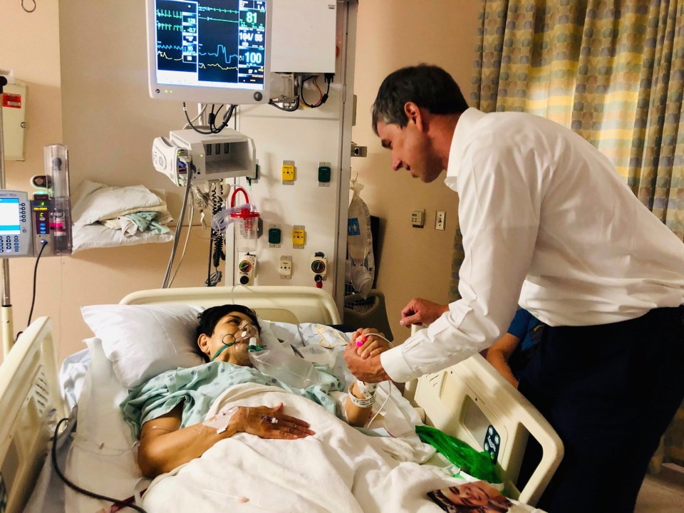  Presidential candidate and former congressman Beto O'Rourke, right, meets with mass shooting survivor, Rosemary, at University Medical Center in El Paso