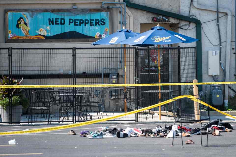  Discarded clothes from wounded victims outside a bar in Dayton, Ohio, where warped gunman Connor Betts slaughtered nine people in the early hours of Sunday morning