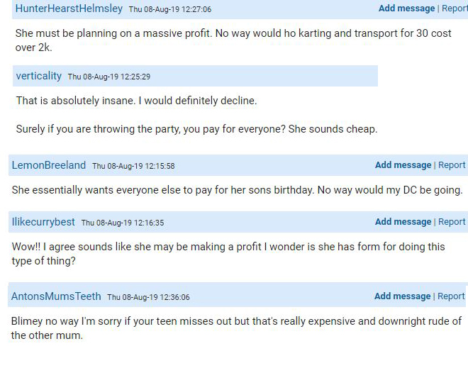  Mumsnet users agreed that they wouldn't allow their children to go and accused the mum of trying to make a profit