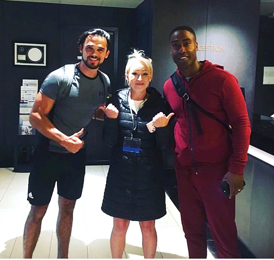  Amy snapped with pop stars Simon Webbe (right) and Gareth Gates on board the cruise ship