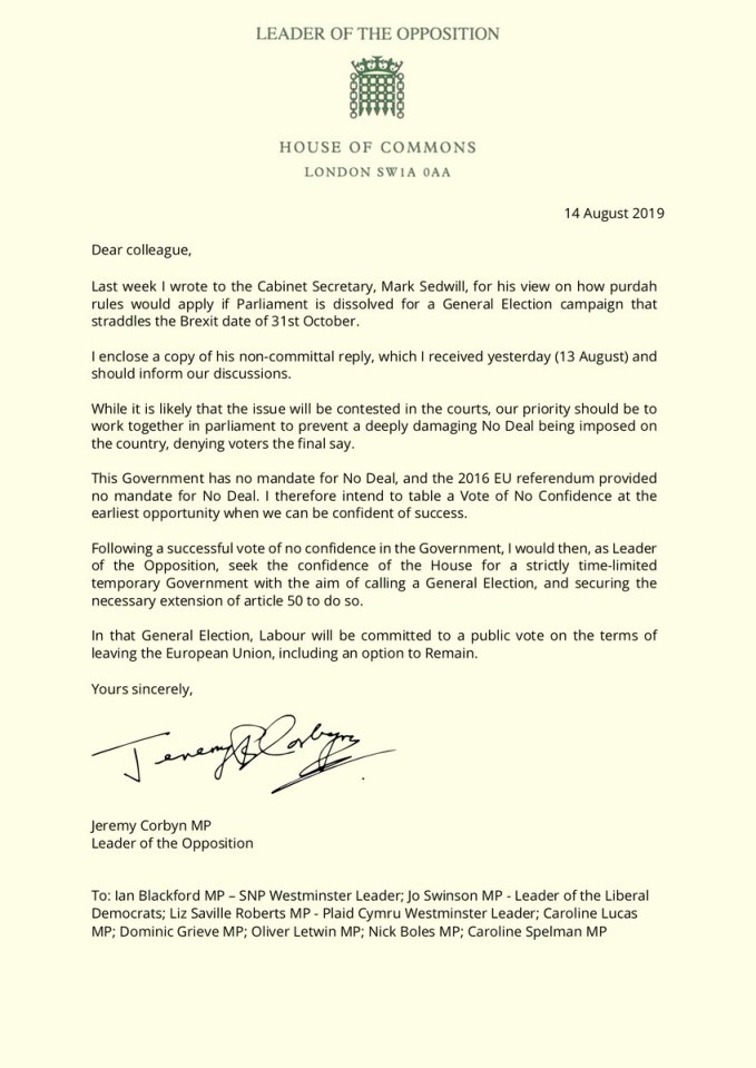  Even by Jeremy Corbyn’s standards, yesterday’s letter to other party leaders must rank as one of his most transparently cynical ploys yet