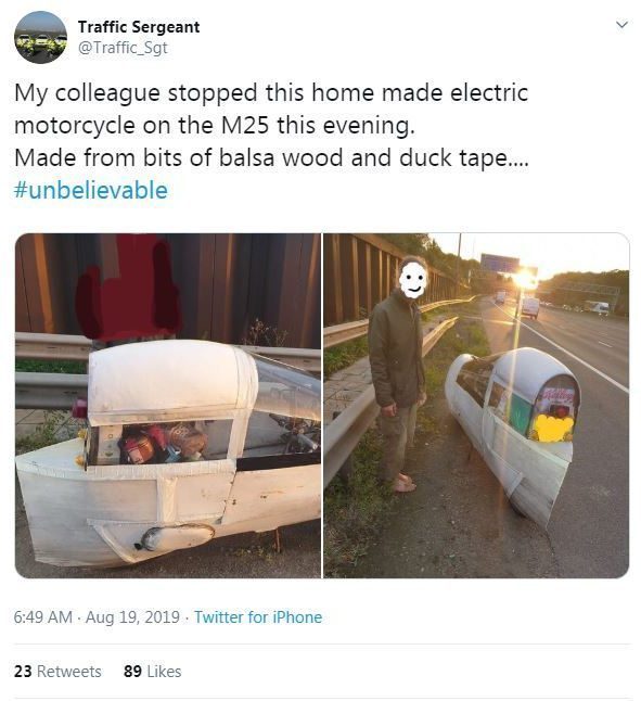  A cop tweeted out it was the 'the most unusual vehicle I’ve stopped on a motorway in 26 years'