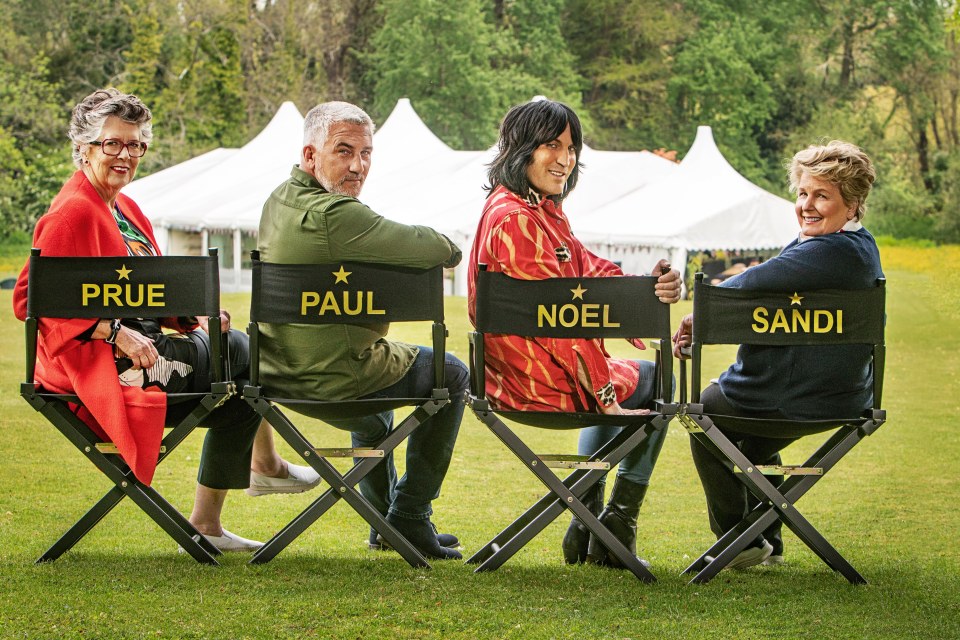 The Great British Bake Off judges and hosts, Prue Leith, Paul Hollywood, Noel Fielding and Sandi Toksvig