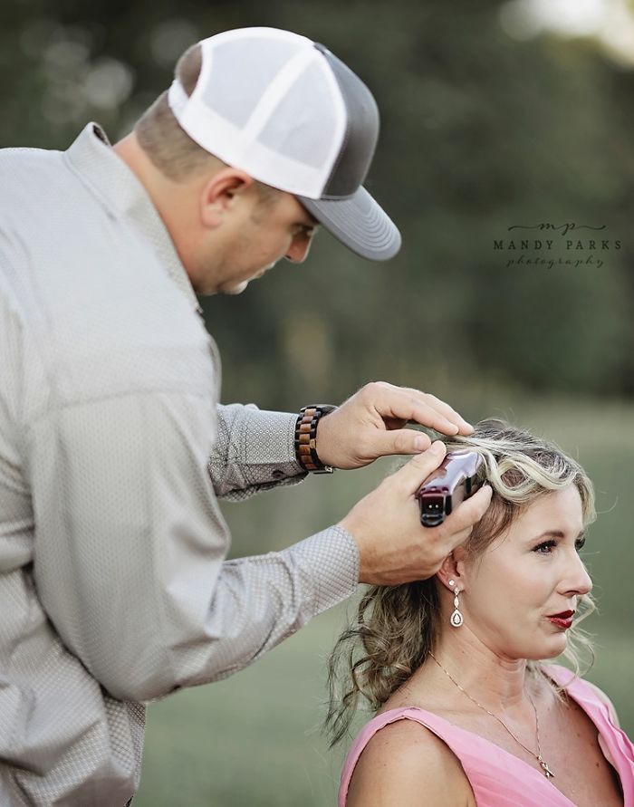 A nurse diagnosed with breast cancer was left in tears as her husband shaved off her hair