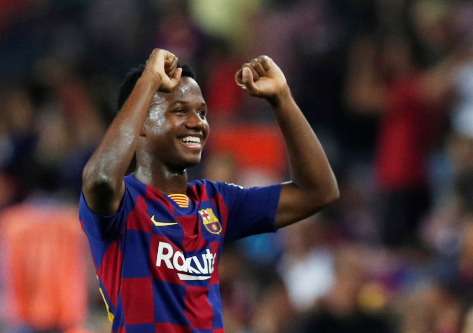  Anssumane Fati celebrates after making his debut in Barcelona's win over Real Betis