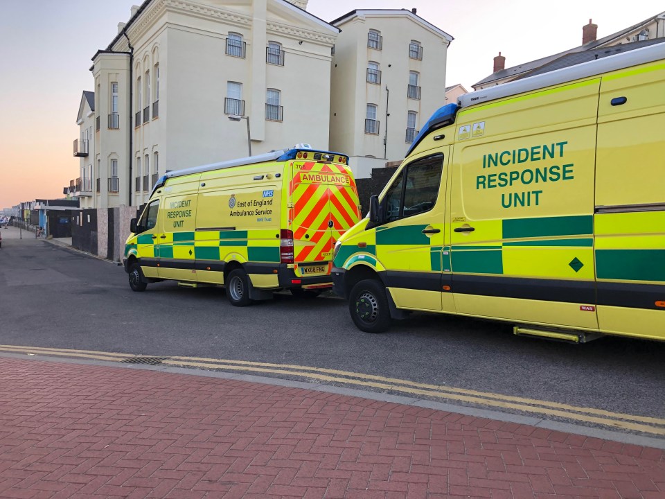  Ambulances near the beachfront in Frinton, where children were left gasping for air shortly after leaving the water on Sunday