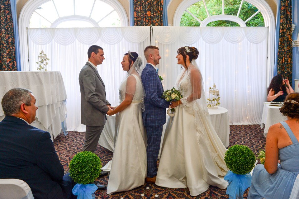 Andrea and Matthew (left) married first, and then 30 minutes later Christopher and Adele (right) also walked down the aisle