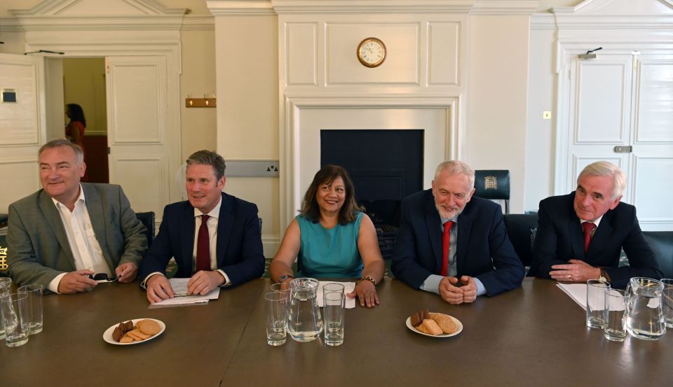  The Labour boss pictured with Shadow Brexit Secretary Sir Keir Starmer, and Shadow House Leader Valerie Vaz ahead of his crunch talks today