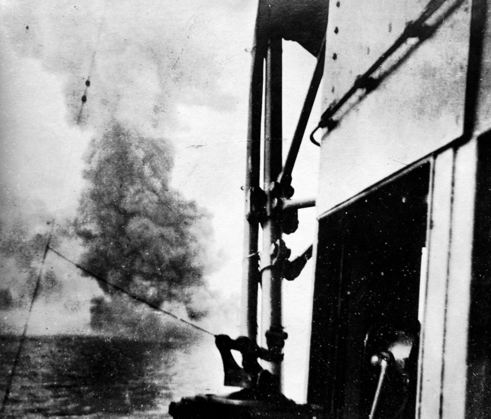  This image shows the sinking of the HMS Invincible after it was blown up at the Battle of Jutland in 1916 against the Germans