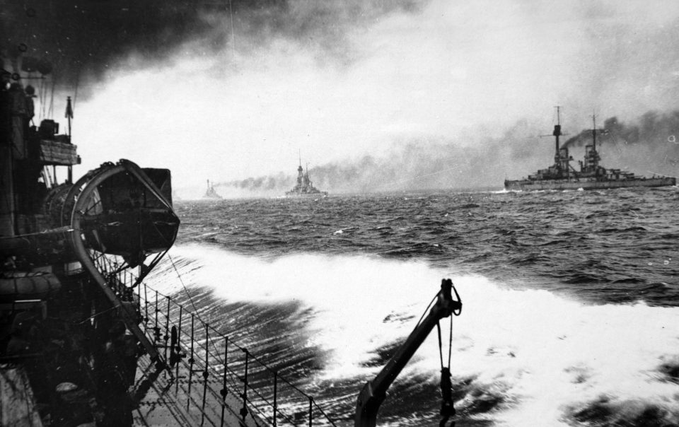  This image shows the surrender of the German High Seas Fleet in 1918 as they are being shepherded between the British fleet up to Scapa Flow, Scotland