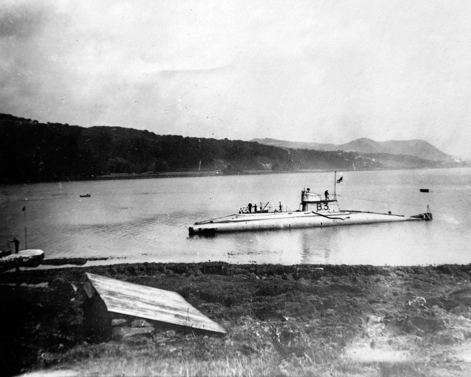  One of the 11 B-class submarines built for the Royal Navy near Burnt Island in the Firth of Forth - it survived World War One and was sold for scrap in 1919