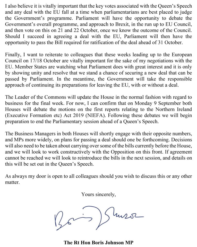 Boris informed MPs of his request to suspend Parliament in a letter